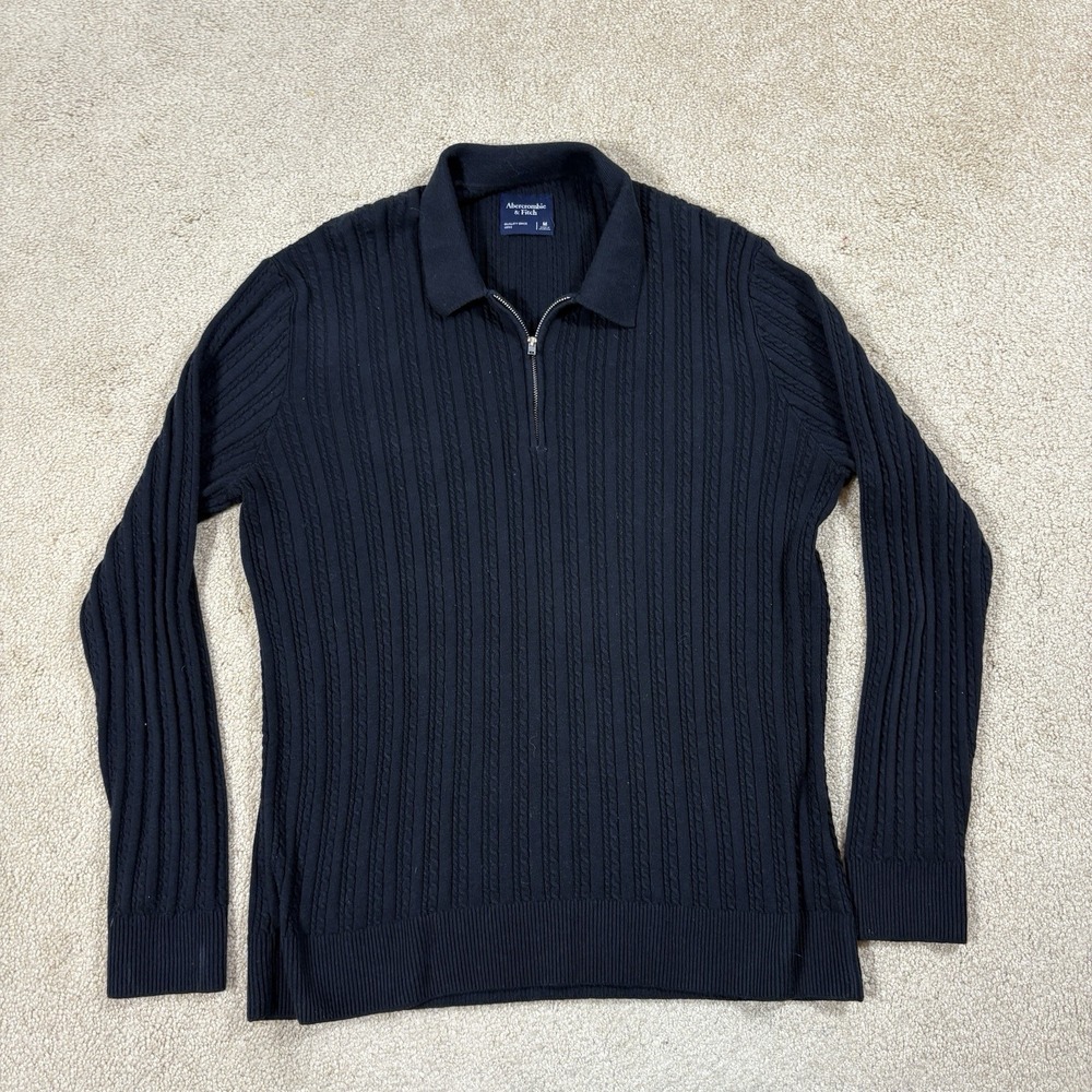 Abercrombie Fitch Mens M Black Cable Knit Quarter Zip Polo Sweater Pullover